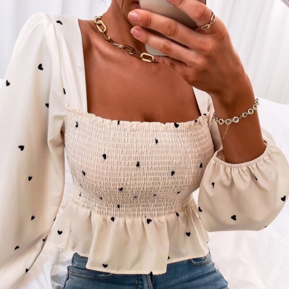 BellanBlue Tops - 038 Boho Heart print Square Neck Peplum Top Cream